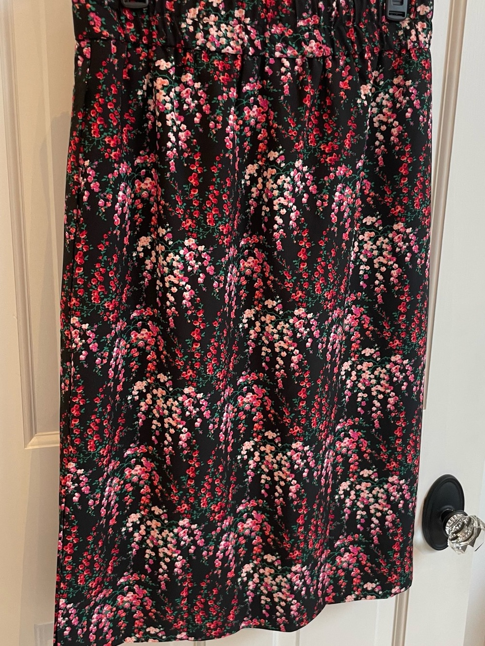 J. Crew Black Midi Skirt with Pink & Red Floral Spray